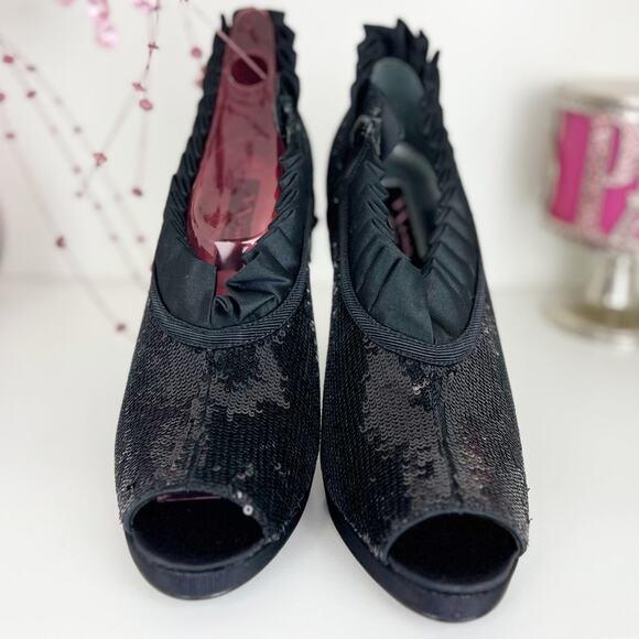Nina Eveline Sequin Ruffle Peep Toe Platform Heels Pumps Black Size 8.5 M NWB - Picture 3 of 15